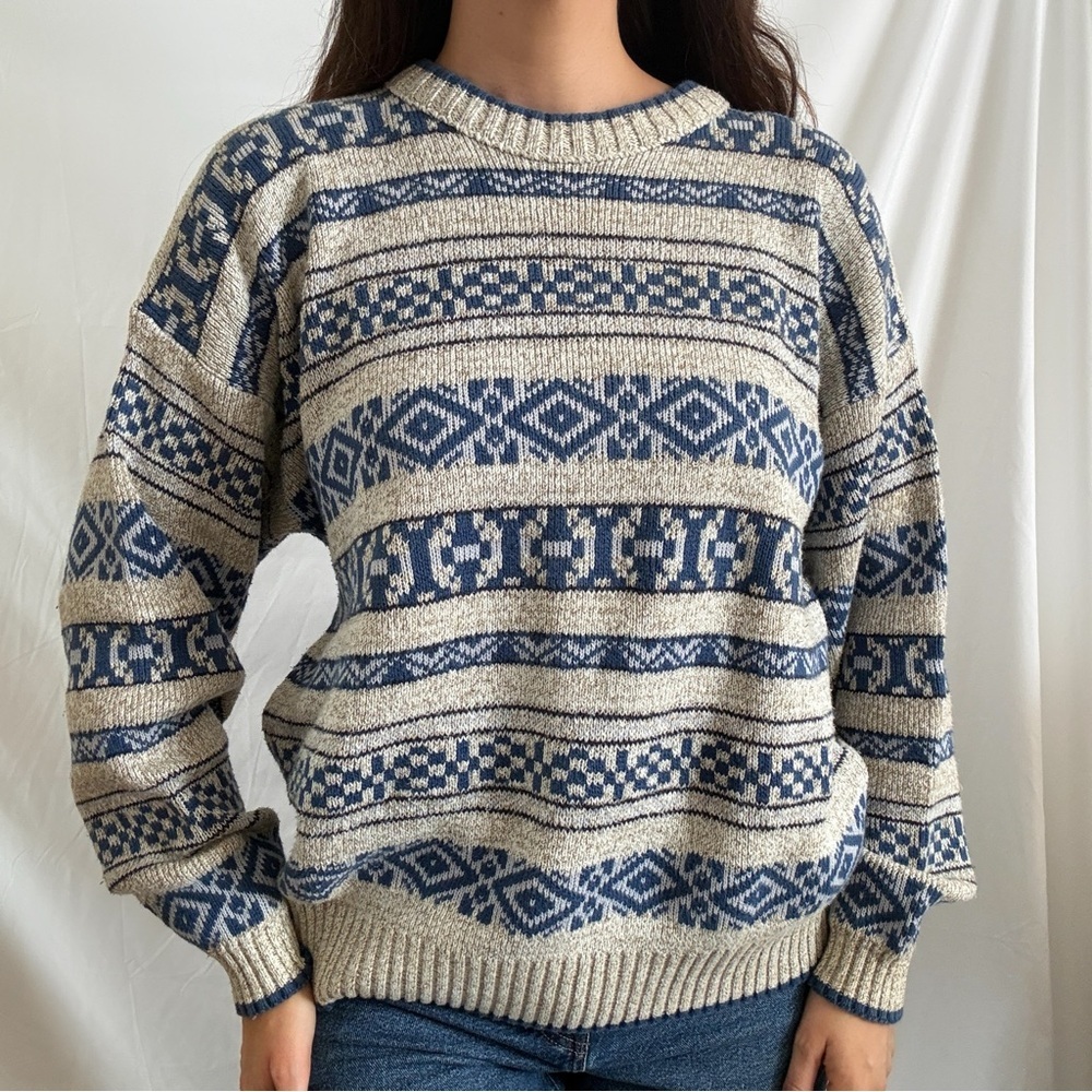 Vintage Lizwear knit sweater cream blue women’s long sleeve fair isle small